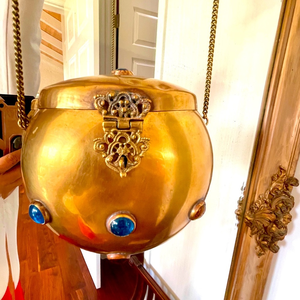 Exquisite antique brass bejeweled clutch